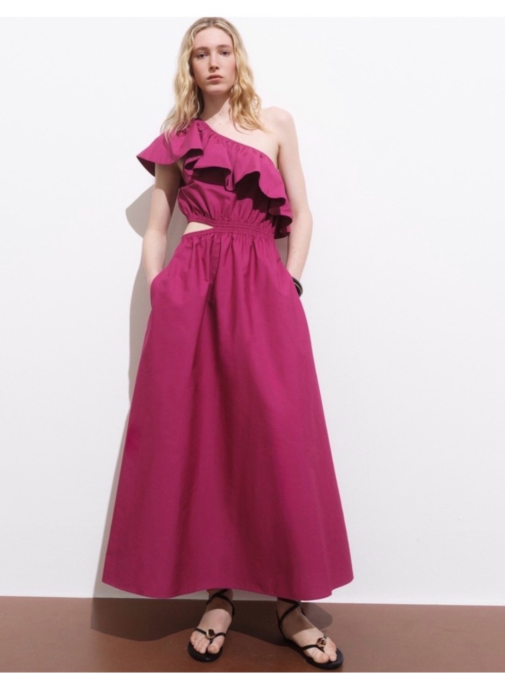 Mango One-Shoulder Ruffle Maxi Dress in Fuchsia